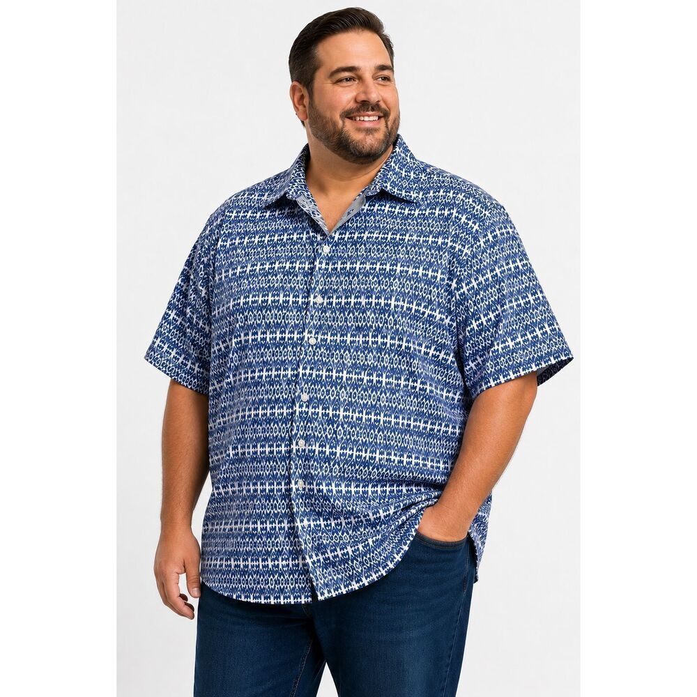 Paulo Solari Men’s 4X Blue Geometric Button Up Shirt Modern Fit Stretch Top
